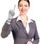 Smiling business woman with robot hand. 3d rendering