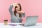 Smiling business woman in striped shirt making photo frame with hands, focusing, capturing business ideas, working as designer or