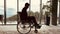 Smiling businessman with disability having fun in a large modern office using his wheelchair. Inclusive workplace and