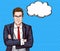 Smiling Businessman in glasses in comic style with speech bubble.Success