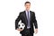 Smiling businessman holding a football