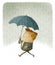 Smiling businessman in the rain under an umbrella