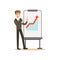 Smiling businessman in a suit pointing at a whiteboard with growth graph at a presentation, vector Illustration