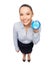 Smiling businesswoman with blue clock