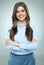 Smiling businesswoman blue shirt dressed standing on gray background.