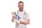Smiling caring paediatricain holding a teddy bear