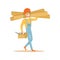 Smiling carpenter carrying box of tools and wooden planks, professional wood jointer character vector Illustration