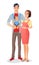 Smiling cartoon Asian family with baby in carrier and expecting another child. Vector illustration.