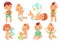 Smiling cartoon baby. Happy cute little kids playing with toys, small infant with pacifier and newborn children isolated