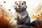 Smiling cartoon beaver relaxes, backed by tranquil mountain landscapes