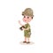 Smiling cartoon boy scout character standing with binoculars in hand