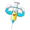 Smiling cartoon character mascot medical syringe vaccine showing biceps strength vector illustration isolated