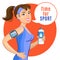 Smiling cartoon girl with water, says let\'s do fitness.