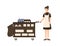 Smiling cartoon house maid standing with pushcart vector flat illustration. Friendly female hotel staff with cleaning