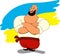 Smiling cartoon man cossack in Ukrainian traditional clothes. Ukrainian flag in background. Separate layers.