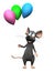 Smiling cartoon mouse holding balloons.