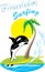 Smiling cartoon orca whale on a surfboard