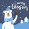 Smiling cartoon polar Bear with choÑolate ice cream and Merry Christmas inscription.