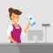 Smiling cashier at the checkout. Buying groceries in the store. Vector illustration of a flat style. Payment of