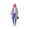 Smiling casual girl with briefcase walking vector flat illustration. Happy young modern businesswoman going isolated on