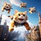 Smiling Cats Soaring Over the City in Highly Detailed Concept Art â€“ Ultra-Realistic Digital Illustration