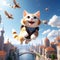 Smiling Cats Soaring Over the City in Highly Detailed Concept Art â€“ Ultra-Realistic Digital Illustration