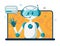 Smiling chat bot character robot helping solve a problems. For website or mobile application. Flat cartoon illustration