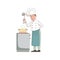 Smiling Chef cooking the soup. Cartoon character holding silver ladle. Vector illustration