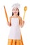 Smiling chef girl with ladle and rolling pin