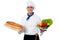 Smiling chef holding bread and vegatables