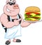 Smiling Chef Pig Cartoon Mascot Character Pointing To A Double  Hamburger Or Cheeseburger