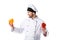 smiling chef in uniform with fresh bell peppers in hands