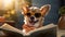 Smiling Chihuahua with Orange Glasses Reading a Book