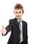 Smiling child boy in business suit gesturing hand greeting or meeting handshake