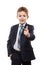 Smiling child boy in business suit index finger pointing direction way or campaign agitating choice