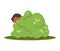 Smiling child hiding behind green bush and peeping, vector cartoon boy playing hide and seek outside, have fun activity