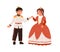 Smiling children couple in king and queen carnival costumes at royal ball vector flat illustration. Happy little prince