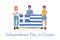 Smiling children holding a large flag of Greece, postcard for Greek independence day celebration, abstract background