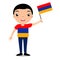 Smiling chilld, boy, holding a Armenia flag isolated on white background. Vector cartoon mascot. Holiday illustration to the Day