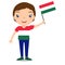 Smiling chilld, boy, holding a Hungary flag isolated on white