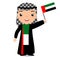 Smiling chilld, boy, holding a UAE flag isolated on white background. Vector cartoon mascot. Holiday illustration to the Day of