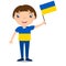 Smiling chilld, boy, holding a Ukraine flag isolated on white background. Vector cartoon mascot. Holiday illustration to the Day