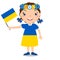 Smiling chilld, girl, holding a Ukraine flag isolated on white b