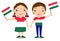 Smiling chilldren, boy and girl, holding a Hungary flag isolated on white background. Vector cartoon mascot. Holiday illustration