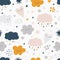 Smiling clouds vector pattern. Cute sky seamless background. Hand drawn illustration for babies, kids