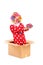 Smiling clown in a cardboard box holding a gift