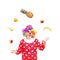 A smiling clown juggling fruits