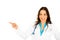 Smiling confident female doctor or nurse or healthcare professional pointing at copy space
