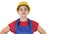 Smiling constructor worker woman standing and changing poses Fold hands, hands on hips, hands in pockets on white