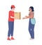 Smiling courier giving cardboard parcel to woman semi flat color vector characters